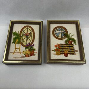 Vintage Framed Sunset Crewel Needlepoint Wall Decor.  Set of 2.